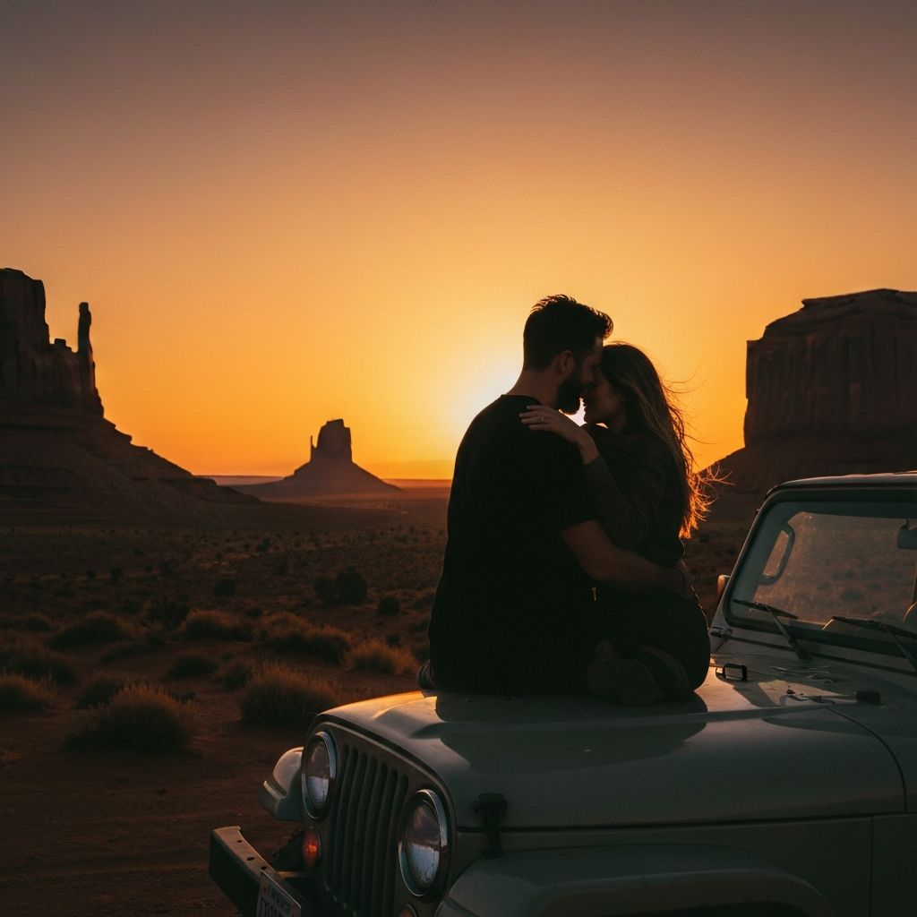 Couple watching sunset from Jeep
